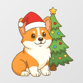 Cute Corgi Dog in a Red Hat with Christmas Tree ウィンドウサイン (シート)