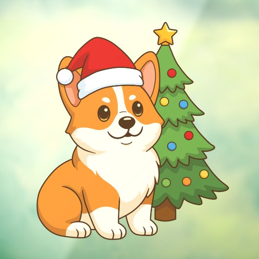 Cute Corgi Dog in a Red Hat with Christmas Tree ウィンドウサイン (シート3)