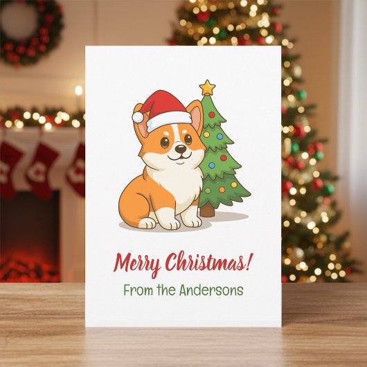 Cute Corgi Dog in a Red Hat with Christmas Tree シーズンカード