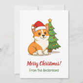 Cute Corgi Dog in a Red Hat with Christmas Tree シーズンカード (正面)