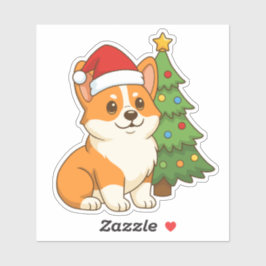 Cute Corgi Dog in a Red Hat with Christmas Tree シール