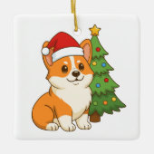 Cute Corgi Dog in a Red Hat with Christmas Tree セラミックオーナメント (正面)