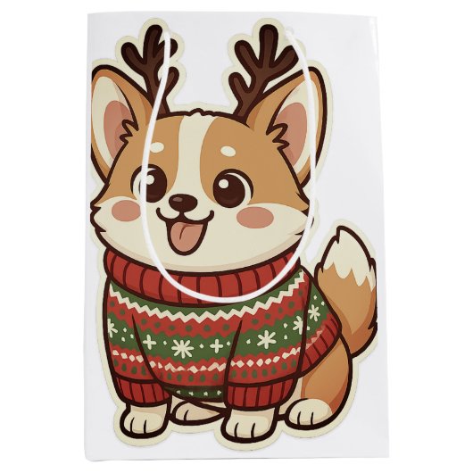 Cute Corgi Dog in Ugly Christmas Sweater Gift Wrap ミディアムペーパーバッグ (正面)