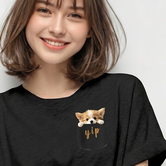 Cute Corgi Dog Peeeking Out Fake Pocket Tシャツ