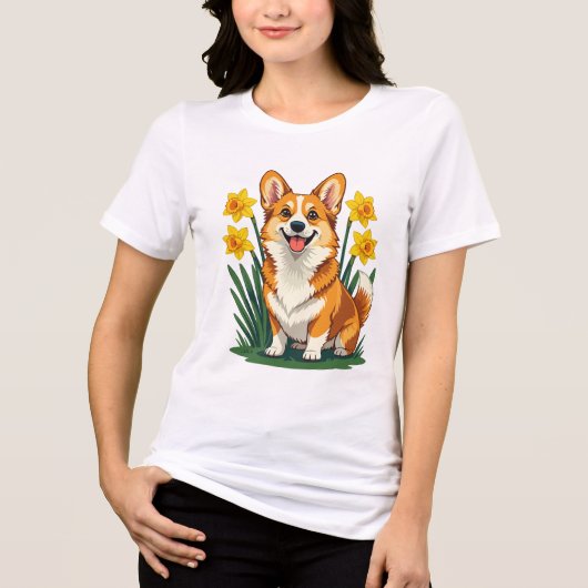Cute Corgi Dog With Daffodils トライブレンドTシャツ (正面)