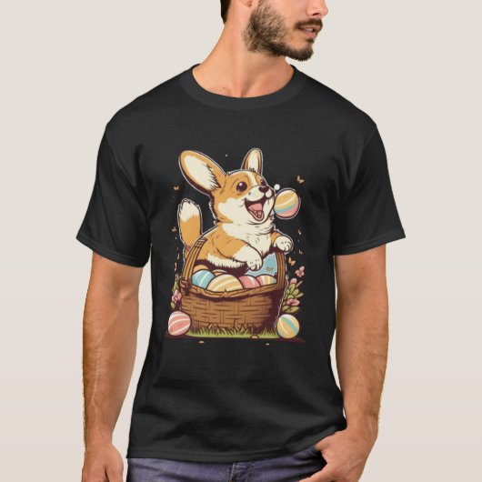 Cute Corgi Easter Egg Basket Happy Easter Kids Tシャツ (正面)