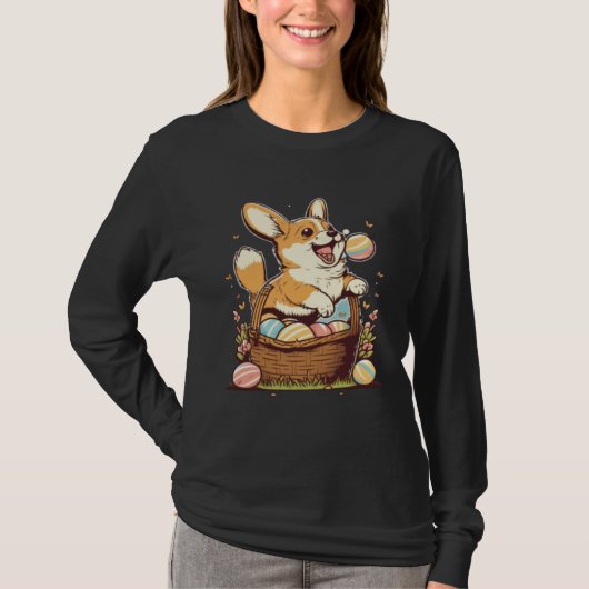 Cute Corgi Easter Egg Basket Happy Easter Kids Tシャツ (正面)
