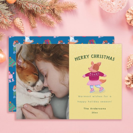 Cute Corgi Ice Skating Mustard Yellow Christmas  シーズンカード