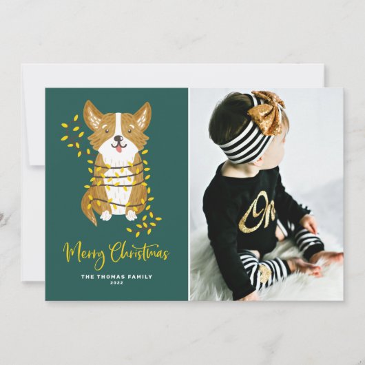 Cute Corgi in String Lightsメリークリスマスフォト シーズンカード (正面)