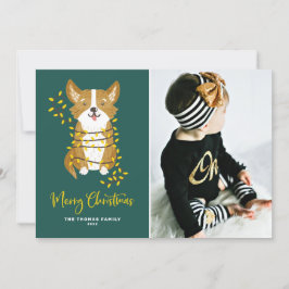 Cute Corgi in String Lightsメリークリスマスフォト シーズンカード