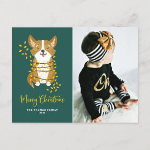 Cute Corgi in String Lightsメリークリスマスフォト シーズンポストカード