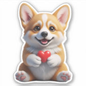 Cute Corgi Puppy holding Red Heart - Die-Cut Stick シール (正面)