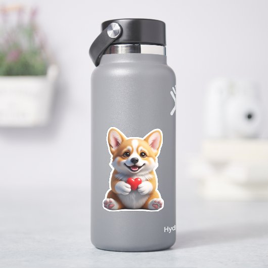 Cute Corgi Puppy holding Red Heart - Die-Cut Stick シール (HydroFlask)