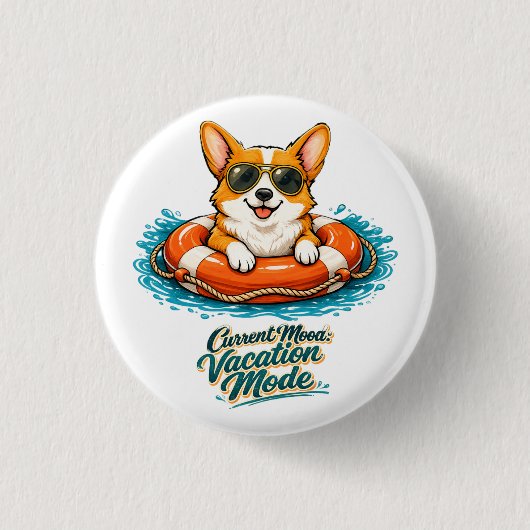 Cute Corgi Summer Vacation Mode Button 缶バッジ (正面)