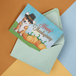 Cute Corgi Thanksgiving Happy シーズンカード<br><div class="desc">This beautiful Corgi Thanksgiving card features a cute Pembroke Welsh Corgi dog wearing a funny pilgrim hat next to a trio of pumpkins in an autumn field. Customize this card of thanks with your own fall greeting on the back.</div>