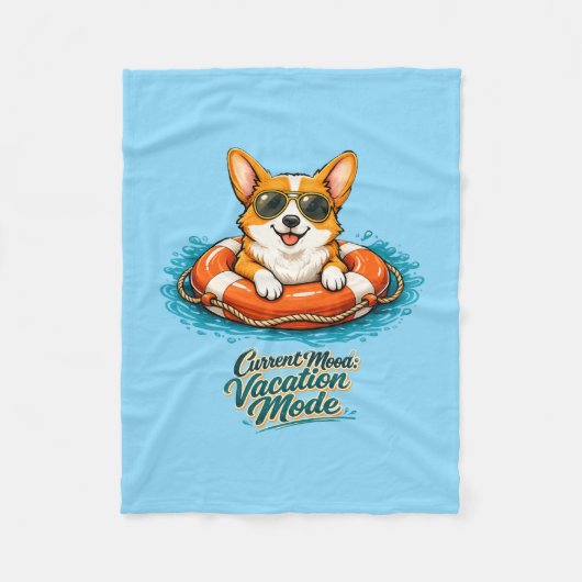 Cute Corgi Vacation Mode Illustration - Summer Bea フリースブランケット (正面)
