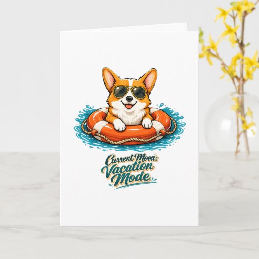 Cute Corgi "Vacation Mode" Summer Design カード (黄色い花)
