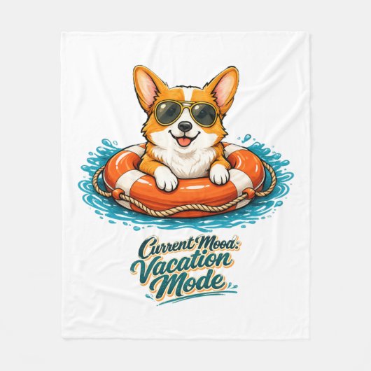 Cute Corgi "Vacation Mode" Summer Design フリースブランケット (正面)