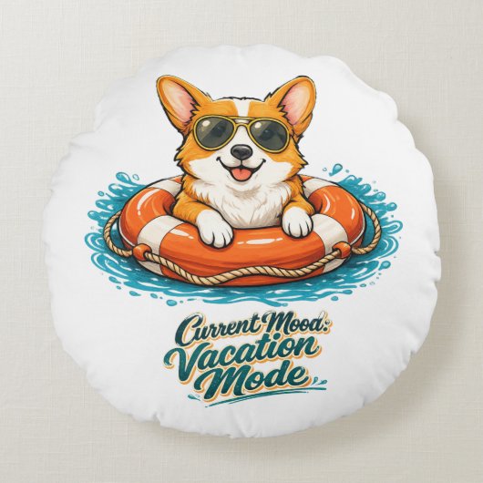Cute Corgi "Vacation Mode" Summer Design ラウンドクッション (正面)