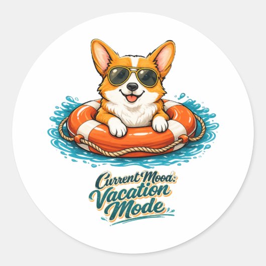 Cute Corgi "Vacation Mode" Summer Design ラウンドシール (正面)