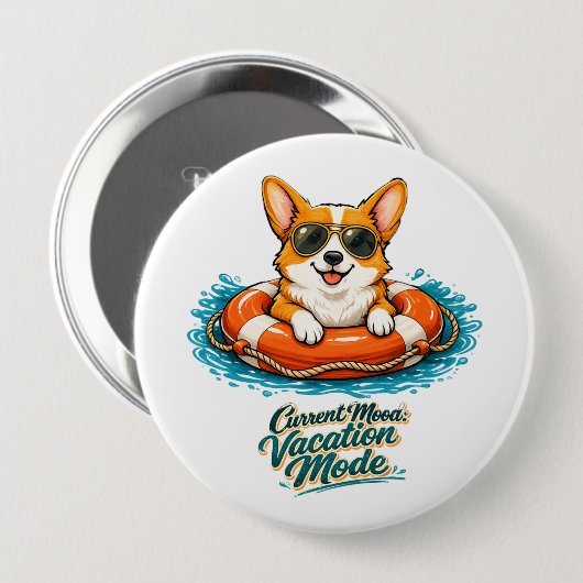 Cute Corgi "Vacation Mode" Summer Design 缶バッジ (正面&裏面)