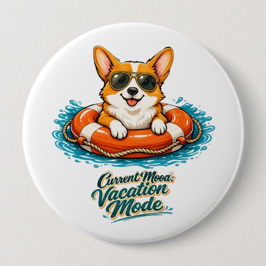 Cute Corgi "Vacation Mode" Summer Design 缶バッジ (正面)