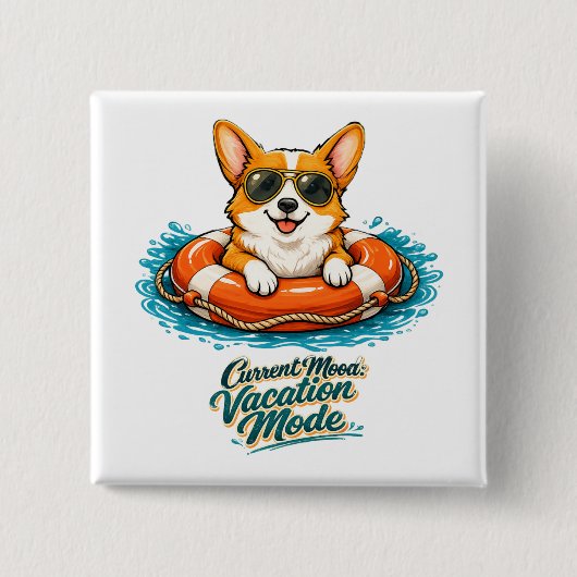 Cute Corgi "Vacation Mode" Summer Design 缶バッジ (正面)