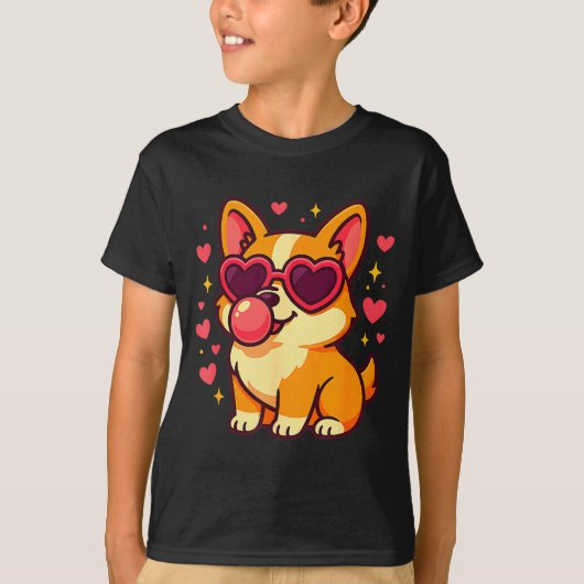 Cute Corgi Valentine Puppy With Heart Sungles Tシャツ (正面)