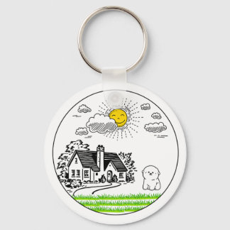 *Cute Cottage & Puppy with Smiling Sun – Circular  キーホルダー