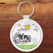 *Cute Cottage & Puppy with Smiling Sun – Circular  キーホルダー (正面)