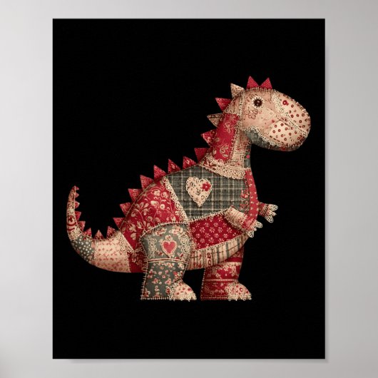 Cute Country Dinosaur Patchwork Hearts Valentine  ポスター (正面)
