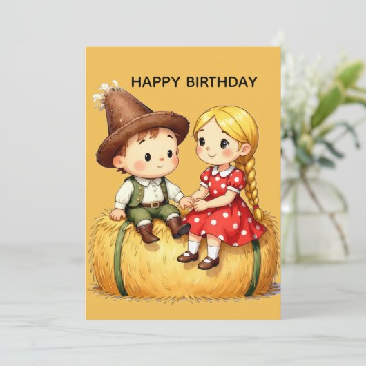 Cute Country Kids on Hay Bale – Rustic Cartoon Art (スタンド正面)