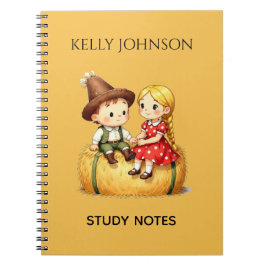 Cute Country Kids on Hay Bale – Rustic Cartoon Art ノートブック