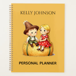 Cute Country Kids on Hay Bale – Rustic Cartoon Art プランナー手帳