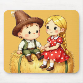Cute Country Kids on Hay Bale – Rustic Cartoon Art マウスパッド