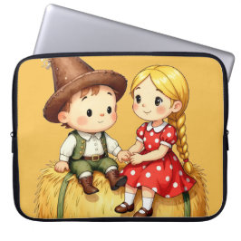 Cute Country Kids on Hay Bale – Rustic Cartoon Art ラップトップスリーブ