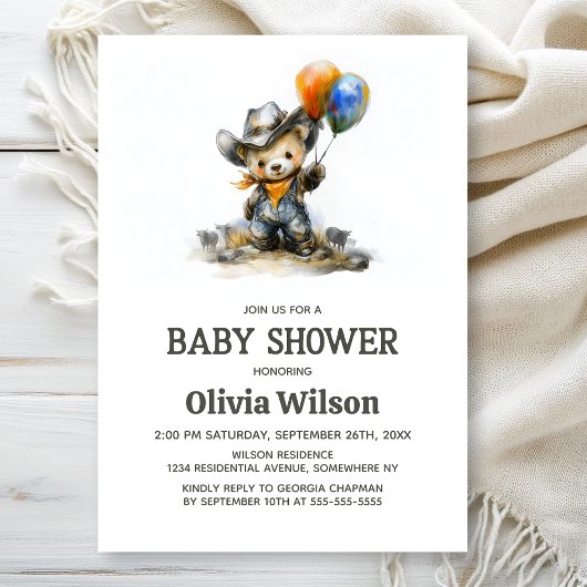 Cute Country Teddy Bear Baby Shower Invitation 招待状