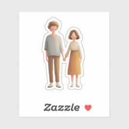 Cute Couple Illustration Sticker, Holding Hands シール