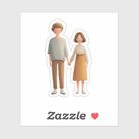 Cute Couple Illustration Sticker, Holding Hands シール (シート)