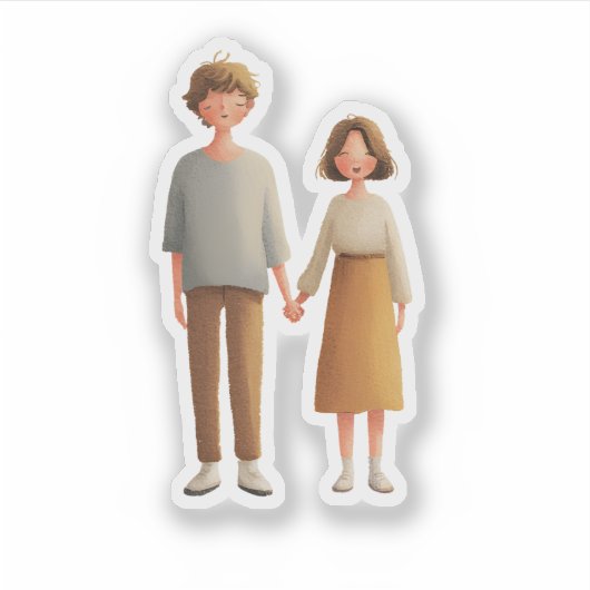 Cute Couple Illustration Sticker, Holding Hands シール (正面)