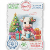 Cute Cow Enjoying Christmas by the Decorated Tree シール (正面)