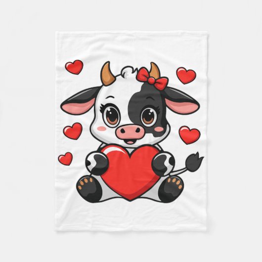 Cute Cow Holding Heart Happy Valentine's Day Kids  フリースブランケット (正面)