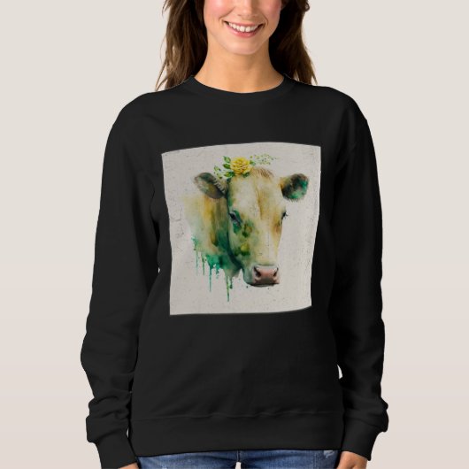 Cute Cow Illustration Flowers Laefy Green Women Me スウェットシャツ (正面)