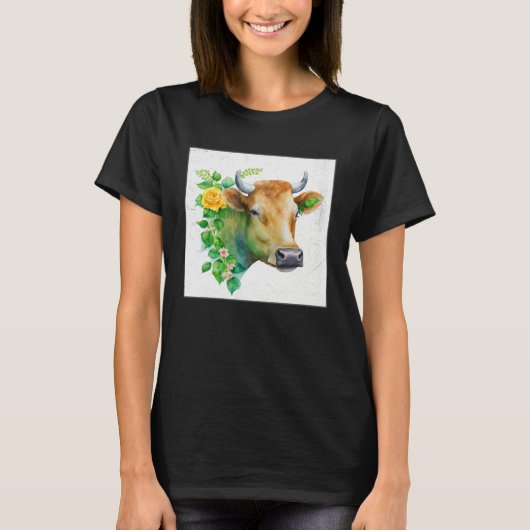 Cute Cow Illustration Flowers Laefy Green Women Me Tシャツ (正面)