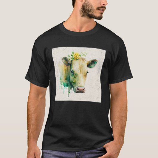 Cute Cow Illustration Flowers Laefy Green Women Me Tシャツ (正面)