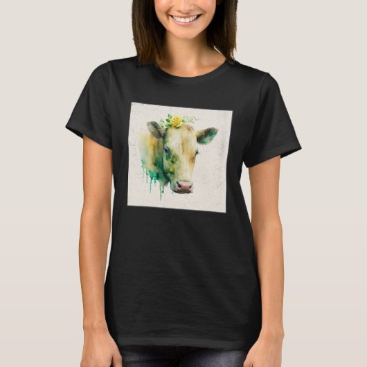 Cute Cow Illustration Flowers Laefy Green Women Me Tシャツ (正面)