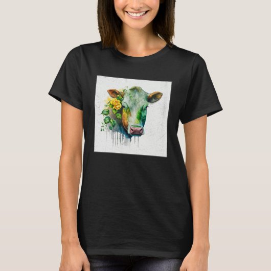 Cute Cow Illustration Flowers Laefy Green Women Me Tシャツ (正面)