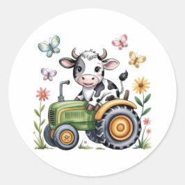 Cute Cow on Tractor Boy Birthday Party ラウンドシール