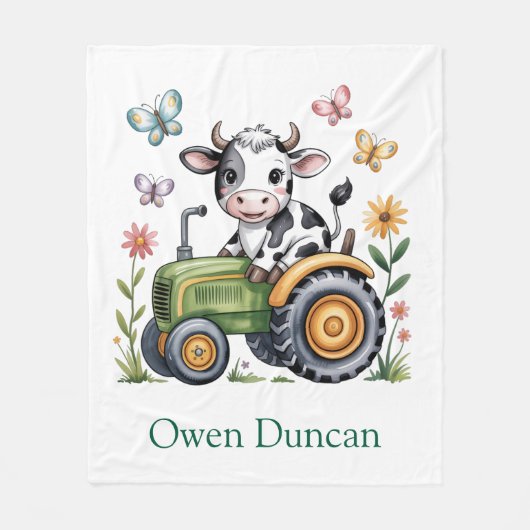Cute Cow on Tractor Boy Birthday Party Gift フリースブランケット (正面)