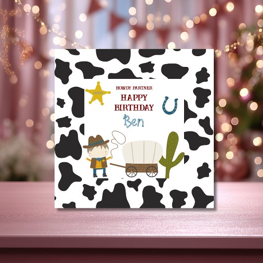 Cute Cow print Cowboy Birthday カード